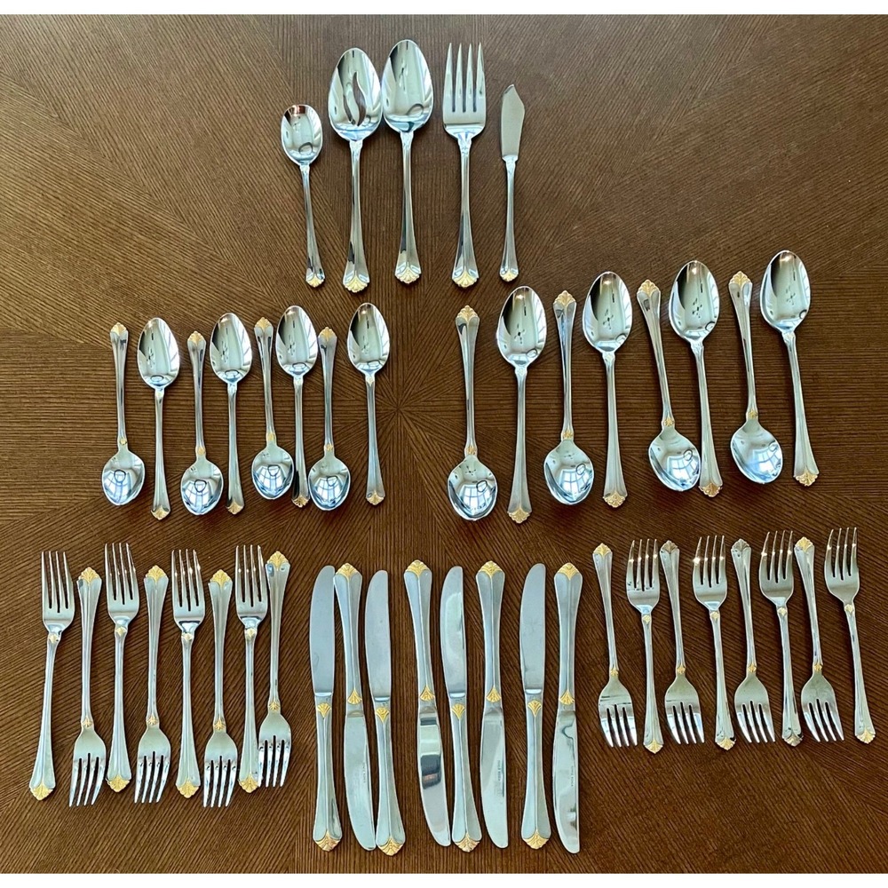 Towle Santa Barbara Gold 18/8 Stainless Steel Flatware Service For 8 Korea 45pcs